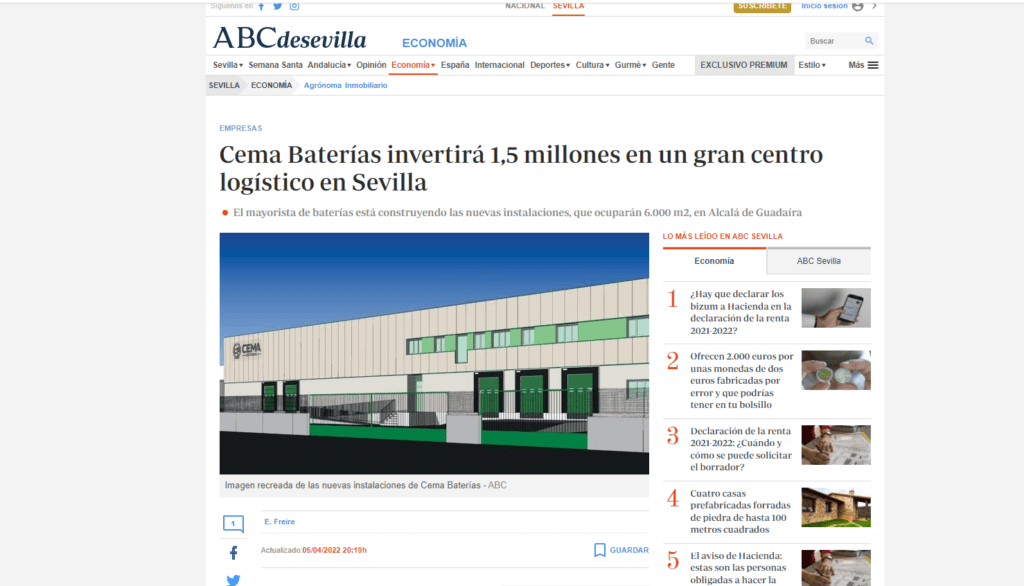 ABC de Sevilla publica la construcción de las nuevas instalaciones de CEMA Baterías