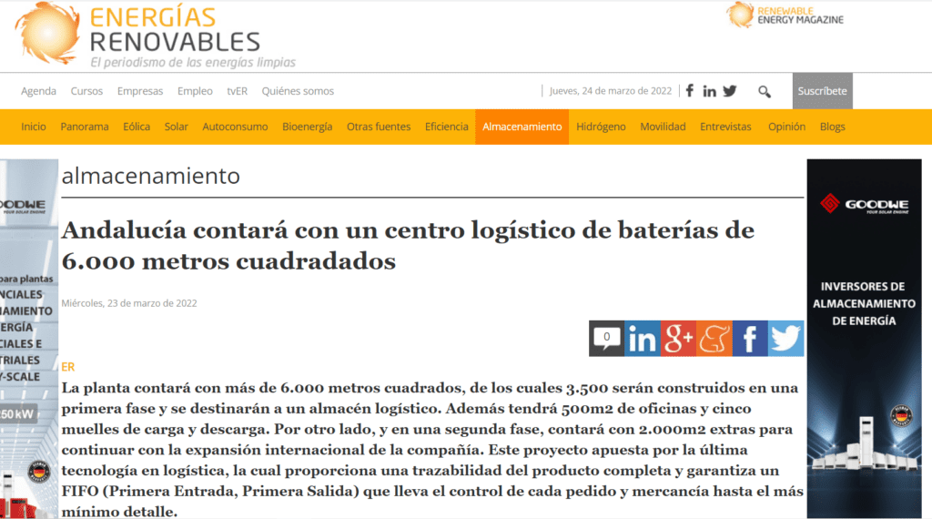 Energías Renovables publica nuevas instalaciones CEMA Baterías