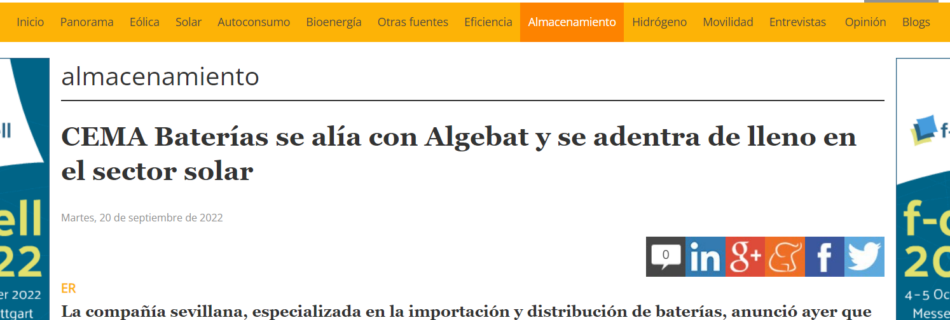 Energías Renovables publica la alianza entre CEMA Baterías y Algebat