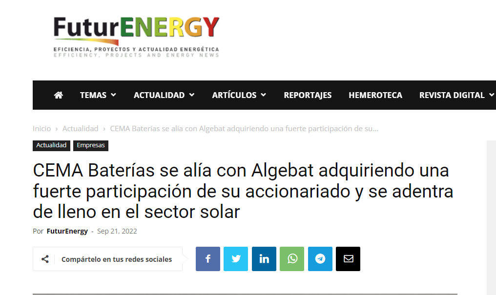 FuturEnergy publica la alianza de CEMA Baterías y Algebat