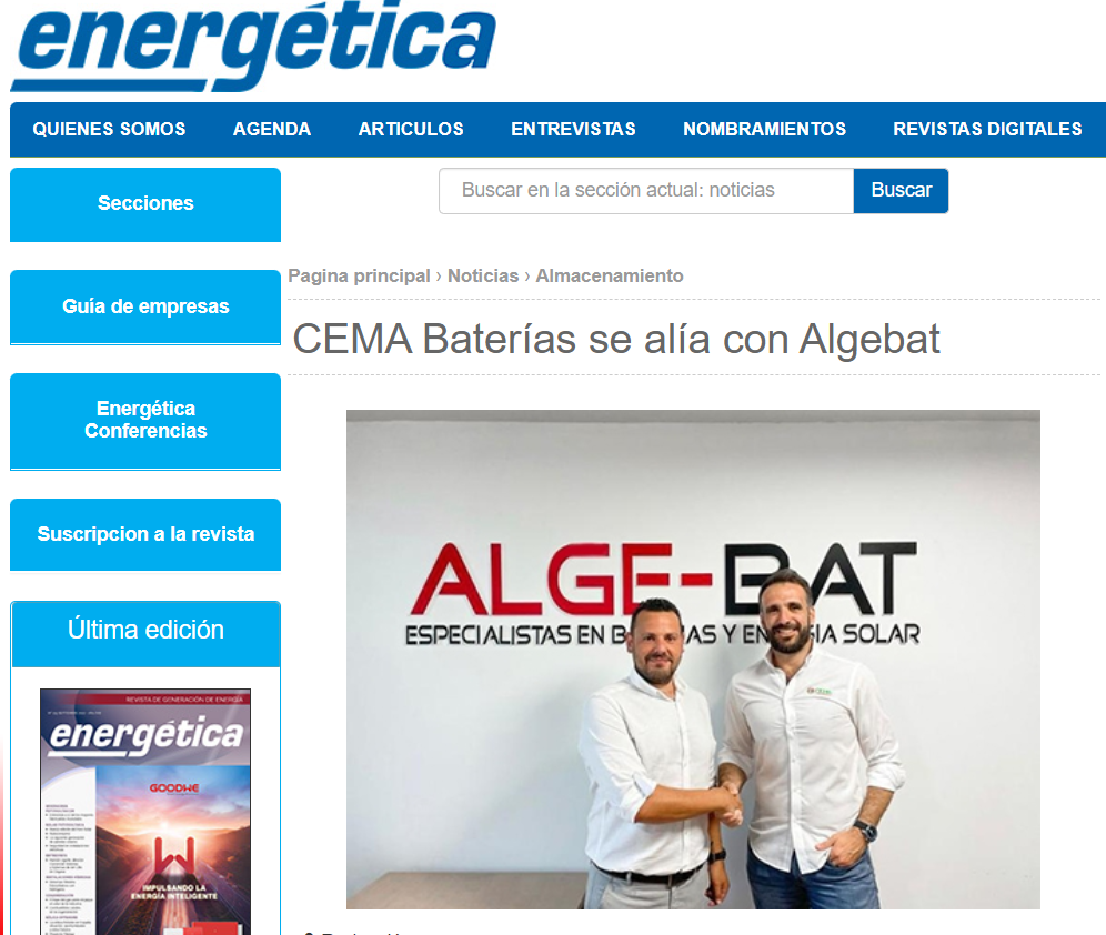 Revista energética publica la alianza de CEMA Baterías y Algebat