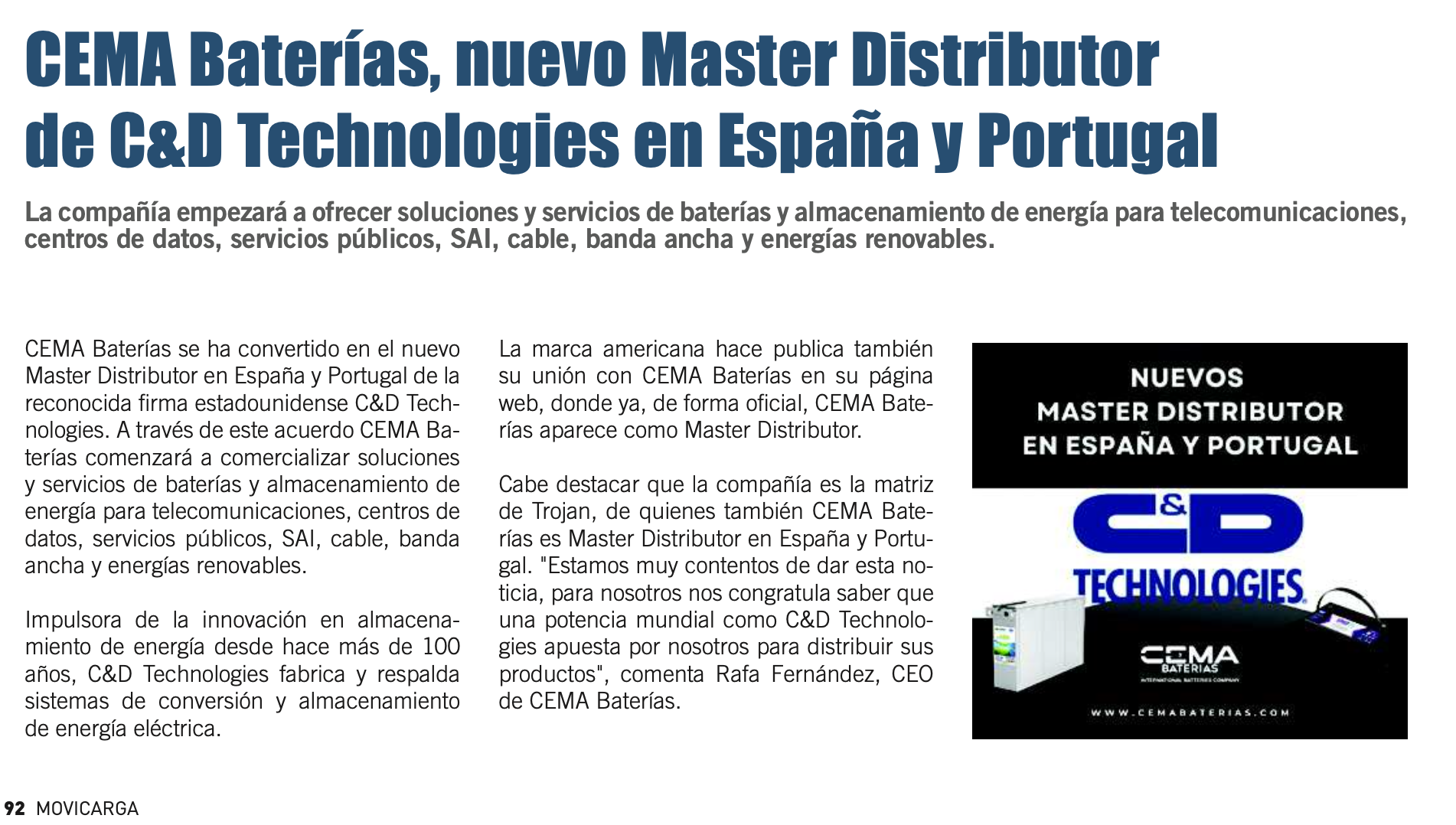 CEMA Baterías, protagonista, en el número 587 de la revista Movicarga